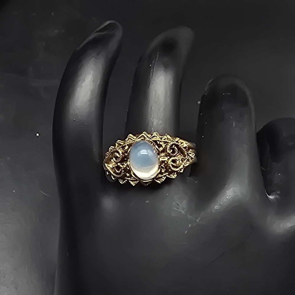 Vintage Faux Moonstone Ring Gold Tone Filigree Size 7.5 Adjustable